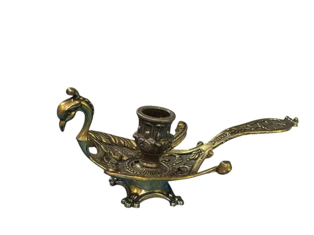Vintage Brass Peacock Candlestick Holder Chamberstick Made In Italy MCM